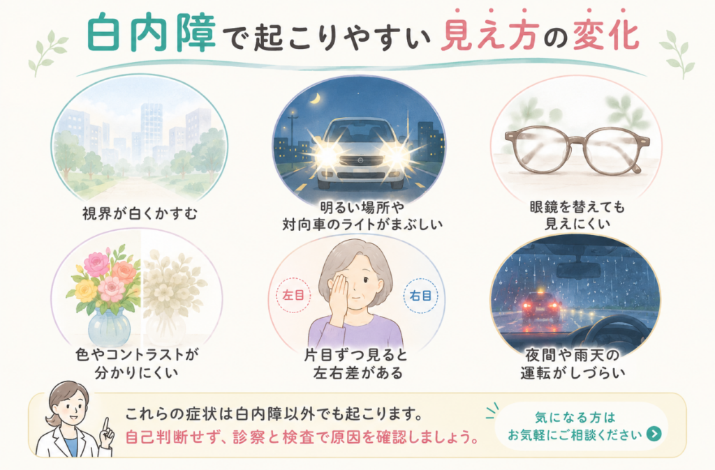 白内障で起こりやすい見え方の変化の図