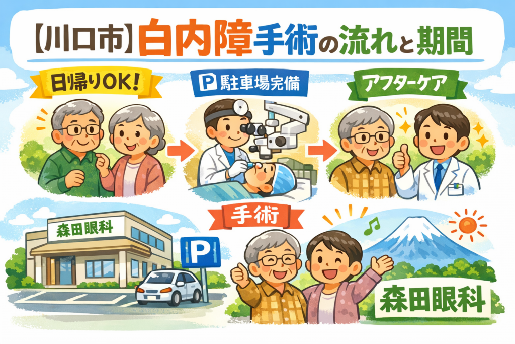 川口市の森田眼科で行う白内障手術の流れを示したイラスト。初診から検査、日帰り手術、術後フォローまでを眼科専門医がわかりやすく解説