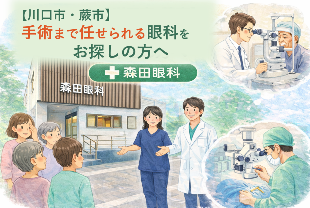川口市・蕨市で白内障や緑内障、網膜疾患の手術まで一貫して対応する眼科専門医の診療をイメージしたイラスト
