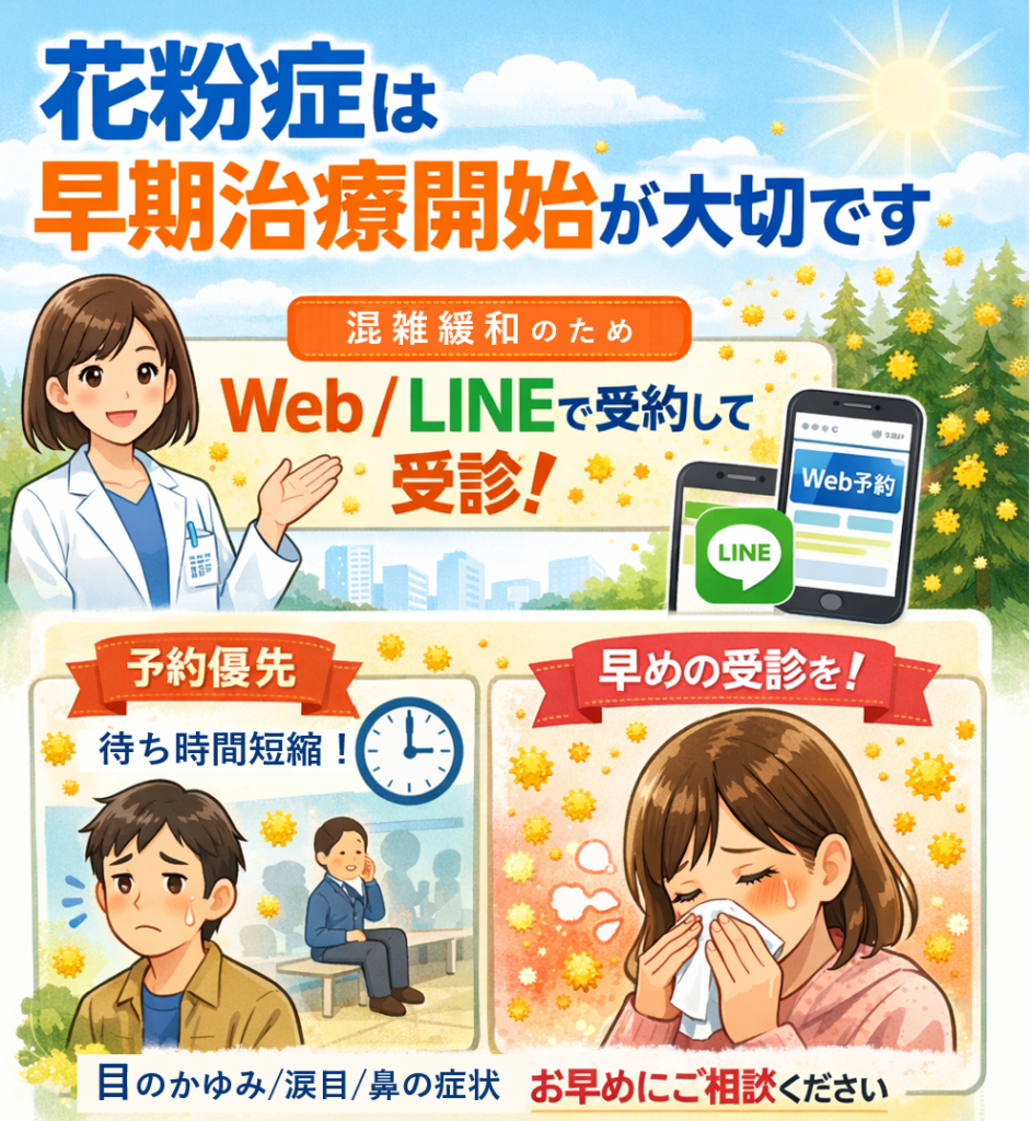 川口市 花粉症 眼科 早期治療 川口市(西川口駅徒歩圏)の眼科が、花粉症・アレルギー性結膜炎の早期治療開始と初期療法の重要性を案内する医療イラスト。目のかゆみ・充血・涙目の症状に対し、Web予約・LINE予約による混雑緩和と待ち時間短縮を推奨。
