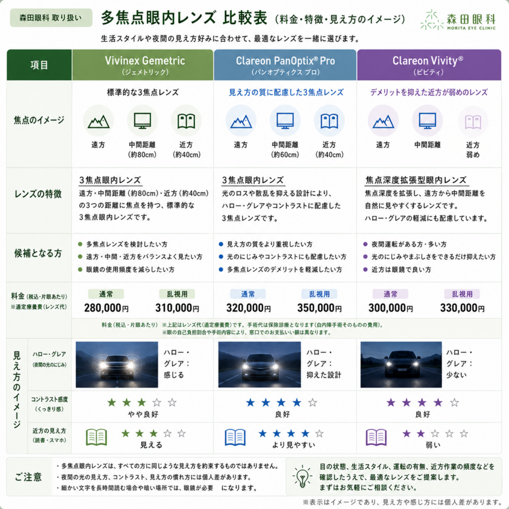 Gemetric、PanOptix Pro、Vivityの特徴と料金を比較した森田眼科の眼内レンズ一覧