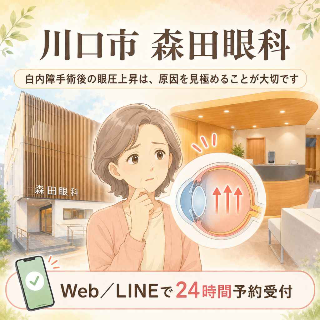 川口市の森田眼科で白内障手術後の眼圧上昇について相談できることを伝える画像